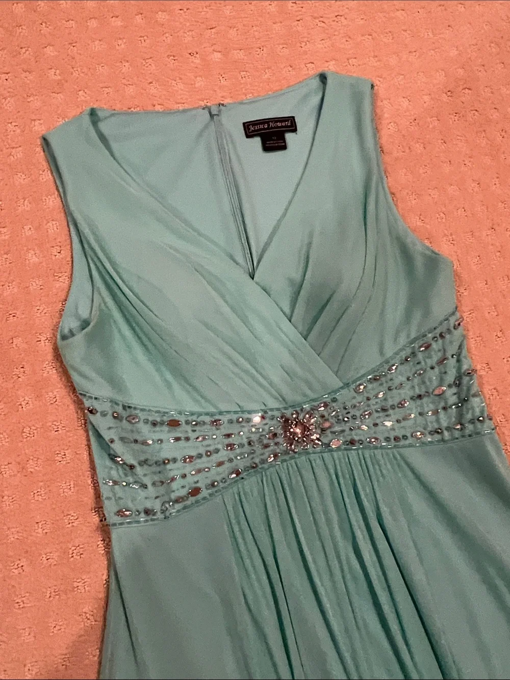 Jessica Howard Aqua Chiffon Sleeveless Formal Dress with Beaded Waist